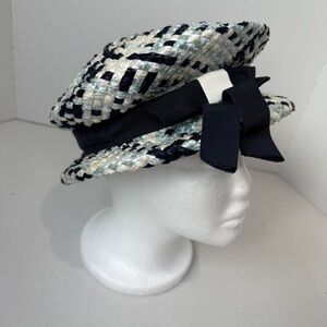 Vintage 1950s Woven Hat – Navy, Cream & Light Blue with Grosgrain Ribbon Bow